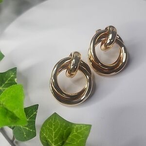 Gold Double Hoop Post Earrings New